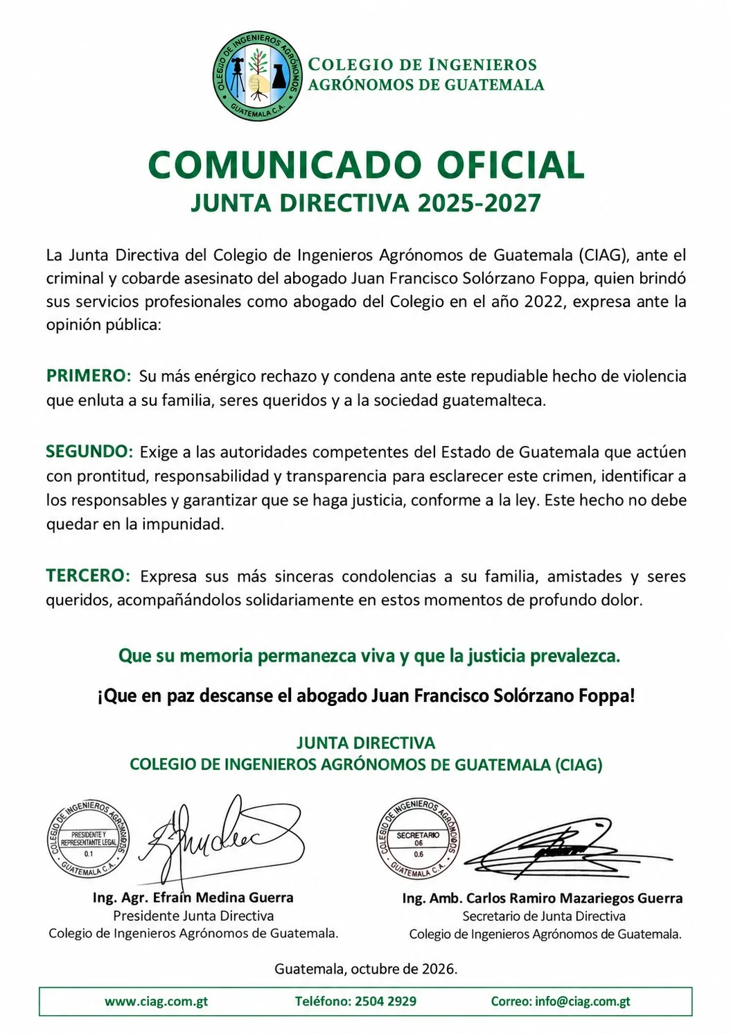 Comunicado oficial ante el asesinato del abogado Juan Francisco Solórzano Foppa