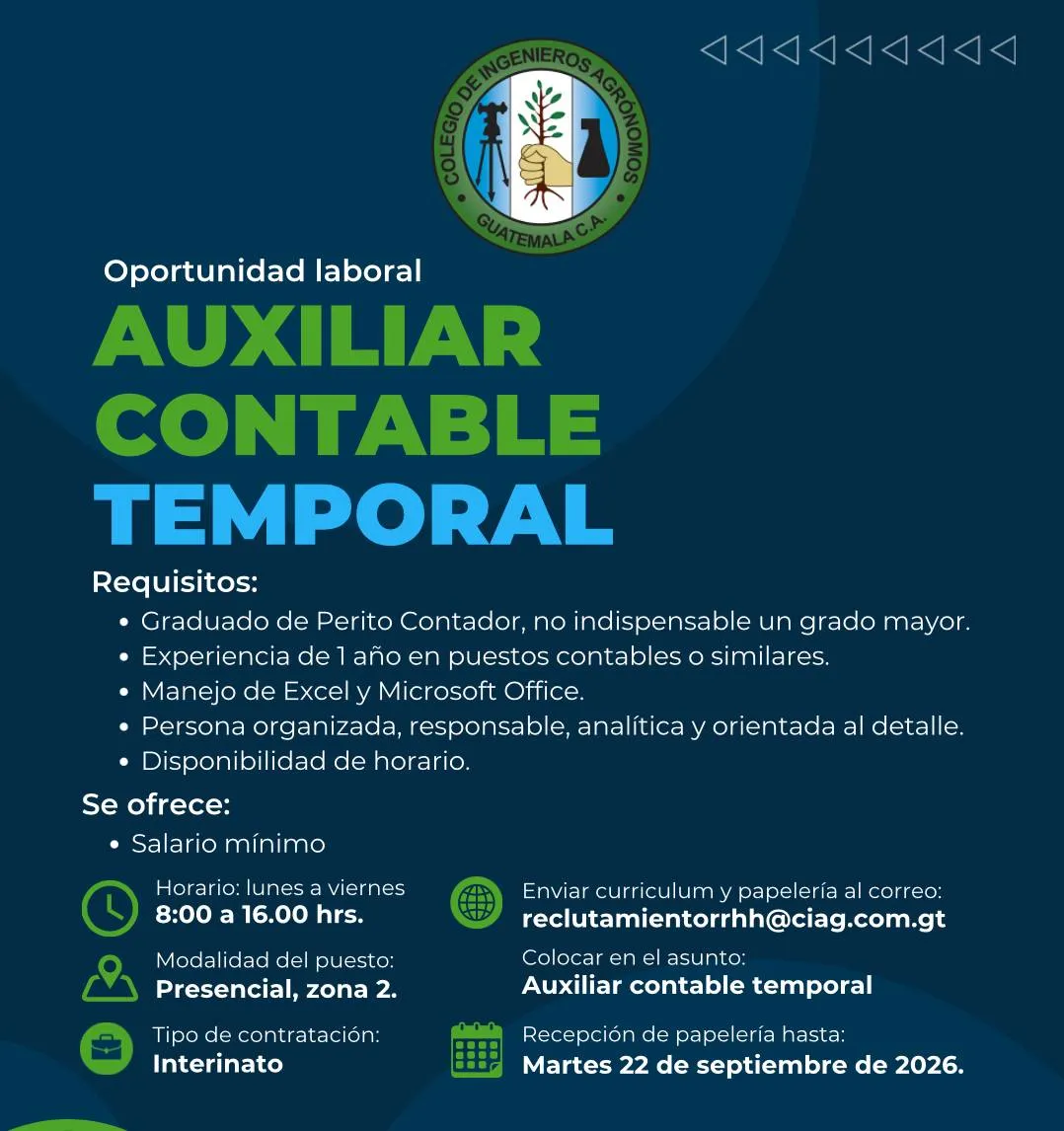Puede ser una imagen de texto que dice "ববব Oportunidad laboral AUXILIAR CONTABLE TEMPORAL Requisitos: •Graduado de Perito Contador, no indispensable un grado mayor. Experiencia de año en puestos contables similares. •Manejo de Excel Microsoft Office. Persona organizada, responsable, analítica y orientada al detalle. Disponibilidad de horario. Se ofrece: Salario minimo Horario: lunes viernes 8：00 16.00 hrs. Modalidad idad del puesto: Presencial, zona 2. Enviar curr iculum papelería al correo: reclutamientothh@ciag.com.gt Colocar en asunto: Auxiliar contable temporal Tipo de contratación: Interinato Recepción de papeleria hasta: Martes 22 de septiembre de 2026."