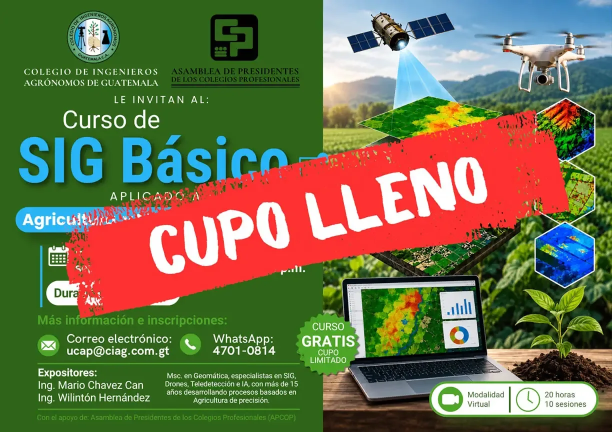 Afiche del Curso de SIG Básico aplicado a la agricultura del CIAG y la APCOP, con el sello «Cupo lleno»